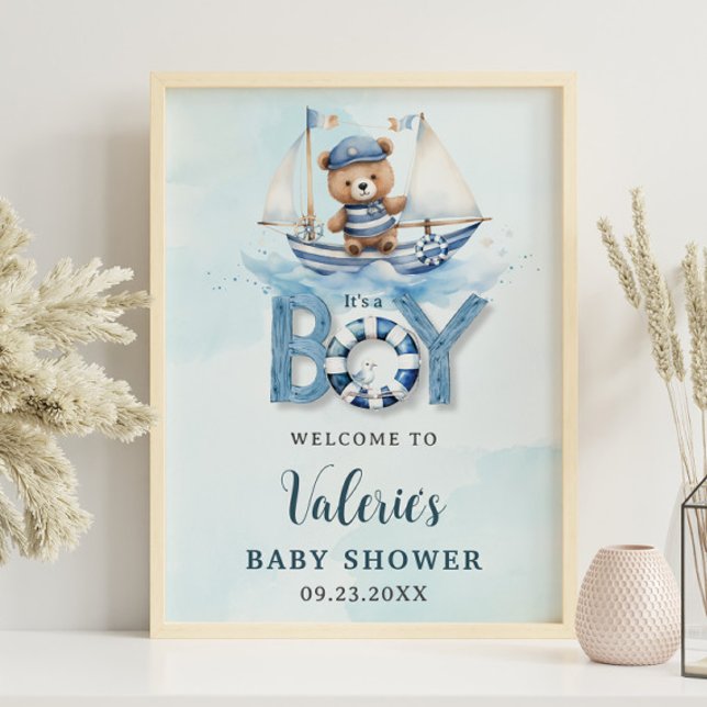 Cute Nautical Blue Boat Teddy Bear Boy Baby Shower Poster (Creator Uploaded)