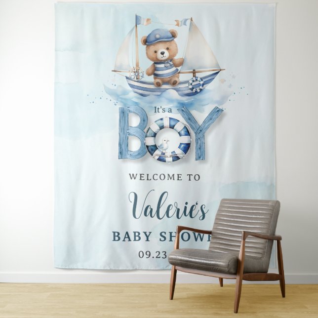 Cute Nautical Blue Boat Teddy Bear Boy Baby Shower Tapestry (In Situ)