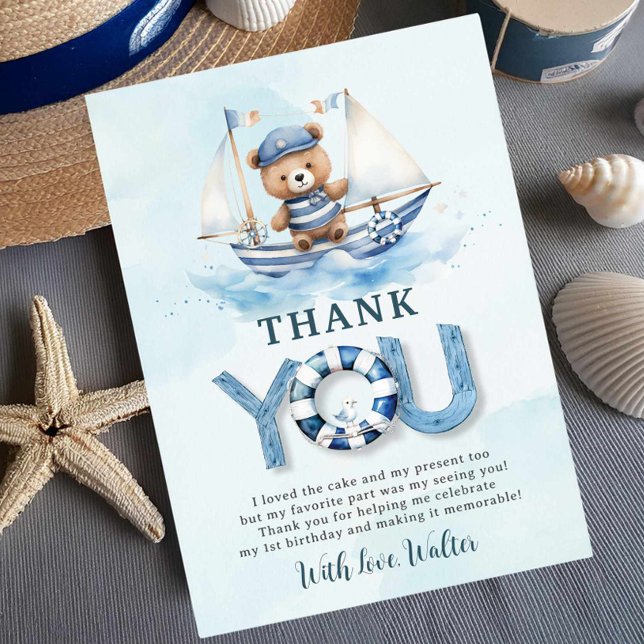 Cute Nautical Blue Boat Teddy Bear Boy Birthday Thank You Card (Creator Uploaded)