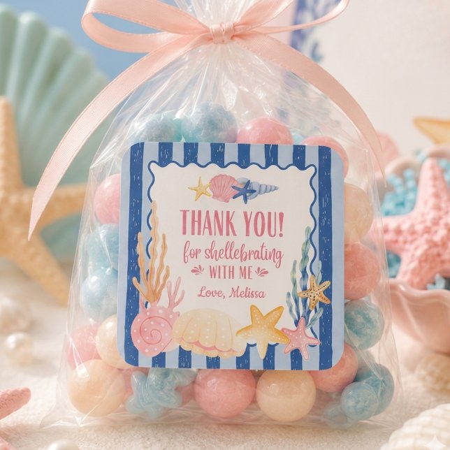 Cute Nautical Blue Pink Seashell Thank You  Square Sticker (Creator Uploaded)