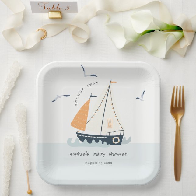 Cute Nautical Blue Sailboat Pastel Baby Shower Paper Plate (Wedding)