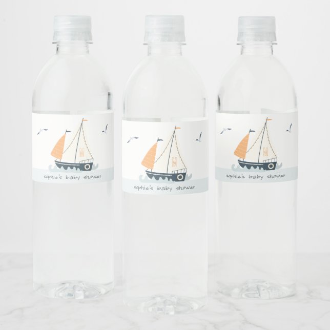 Cute Nautical Blue Sailboat Pastel Baby Shower Water Bottle Label (Bottles)