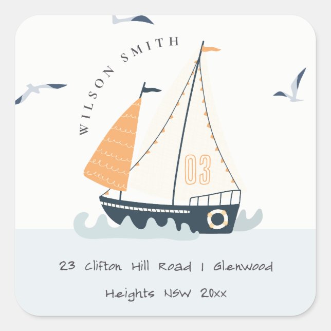 Cute Nautical Blue Sailboat Pastel Kids Address Square Sticker (Front)
