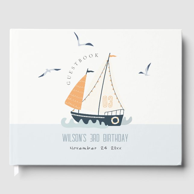 Cute Nautical Blue Sailboat Pastel Kids Birthday Guest Book (Front)