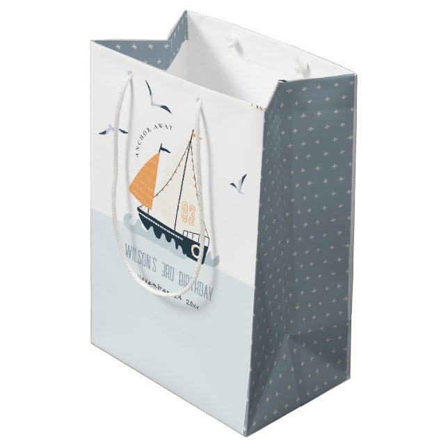 Cute Nautical Blue Sailboat Pastel Kids Birthday Medium Gift Bag (Back Angled)