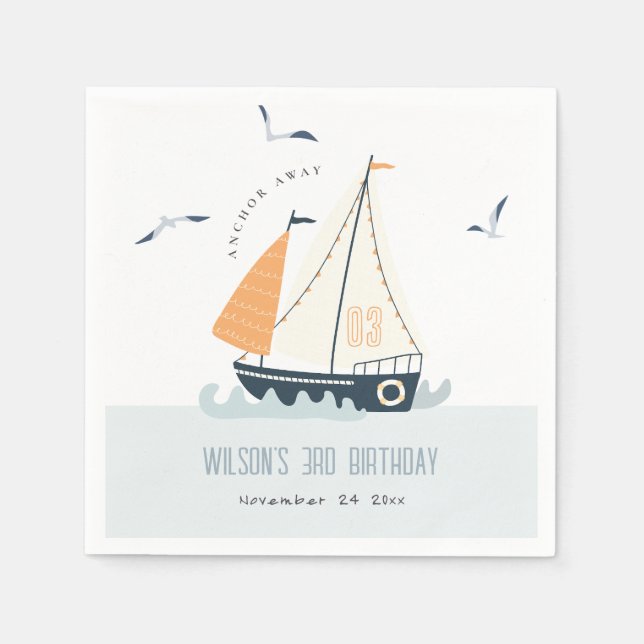 Cute Nautical Blue Sailboat Pastel Kids Birthday Napkin (Front)