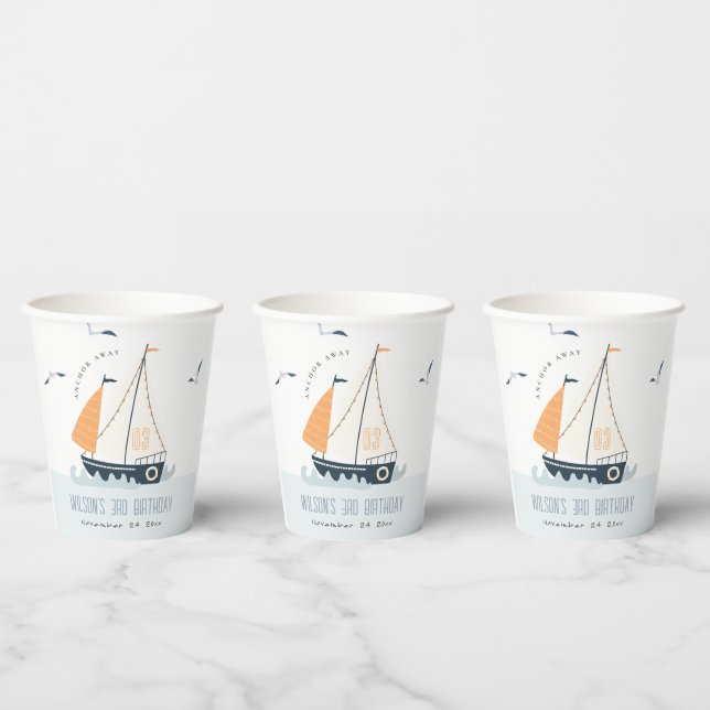 Cute Nautical Blue Sailboat Pastel Kids Birthday Paper Cups (Multi)