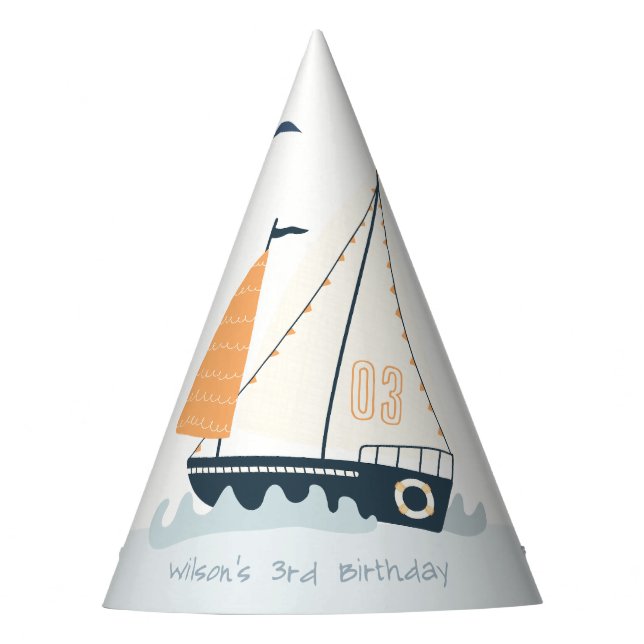 Cute Nautical Blue Sailboat Pastel Kids Birthday Party Hat (Front)