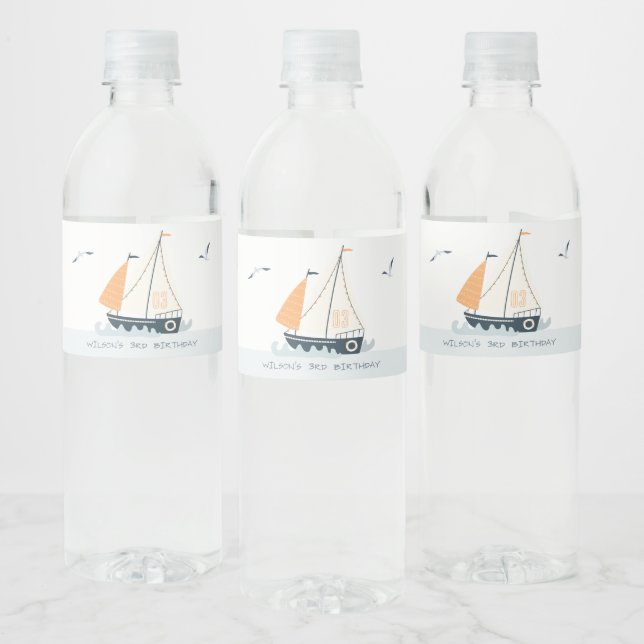 Cute Nautical Blue Sailboat Pastel Kids Birthday Water Bottle Label (Bottles)