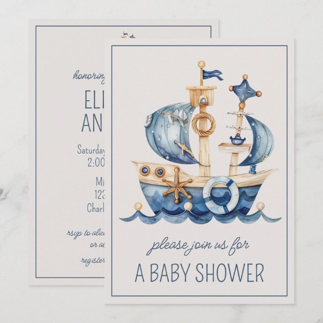 Cute Nautical Blue Sailing Ship Personalised Invitation (Front/Back)