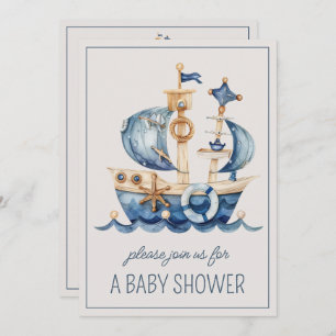 Cute Nautical Blue Sailing Ship Personalized Invitation
