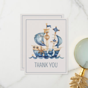 Cute Nautical Blue Watercolor Ship Baby Shower Thank You Card
