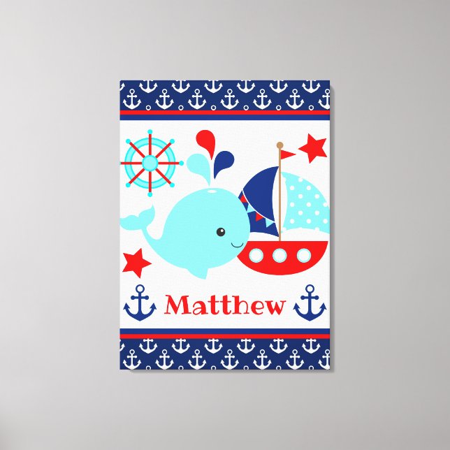 Cute Nautical Blue Whale and Anchors Pattern Canvas Print (Front)