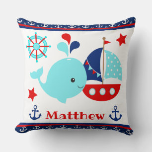 Cute Nautical Blue Whale and Anchors Pattern Cushion