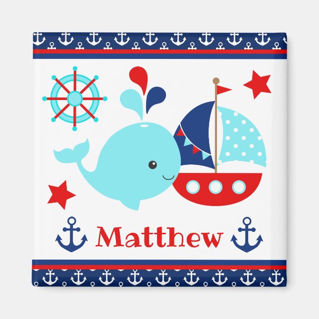 Cute Nautical Blue Whale and Anchors Pattern Magnet (Front)