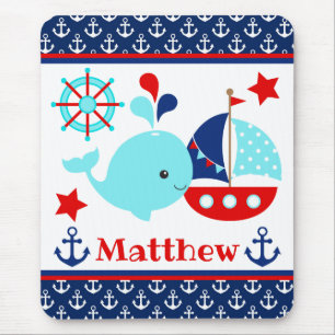 Cute Nautical Blue Whale and Anchors Pattern Mouse Mat