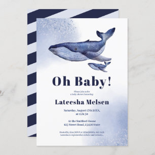 Cute nautical blue whale watercolor baby shower invitation
