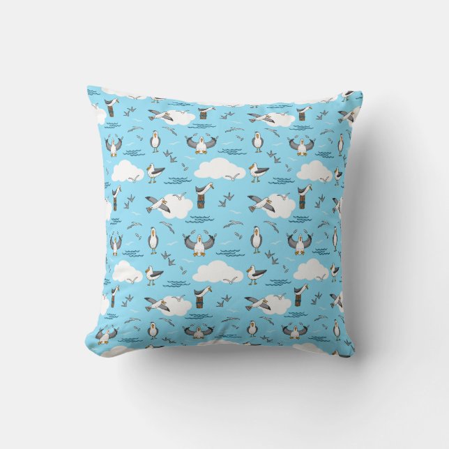 Cute Nautical Blue White Seaside Seagulls Pattern Cushion (Front)