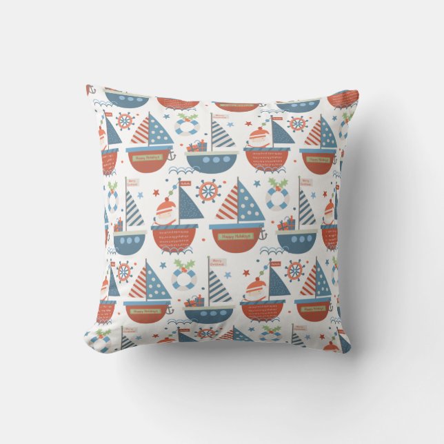 Cute Nautical Christmas Santa Sailboat Pattern Red Cushion (Front)