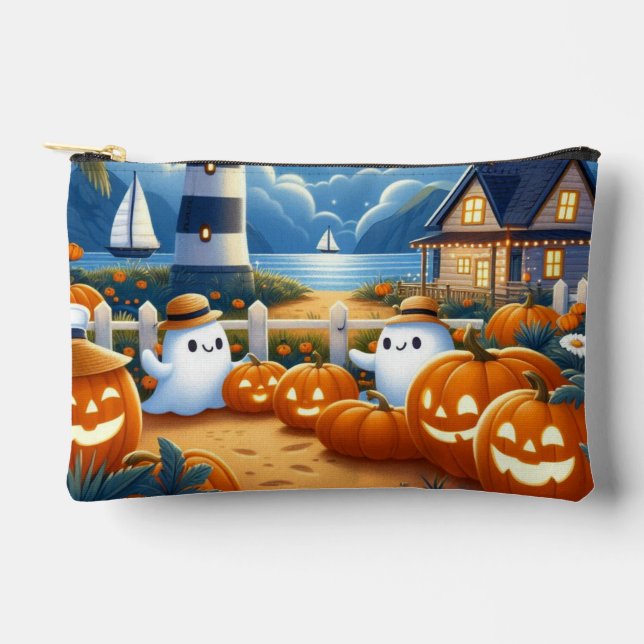 Cute, Nautical/coastal Halloween ghost/pumpkins Accessory Pouch (Front)