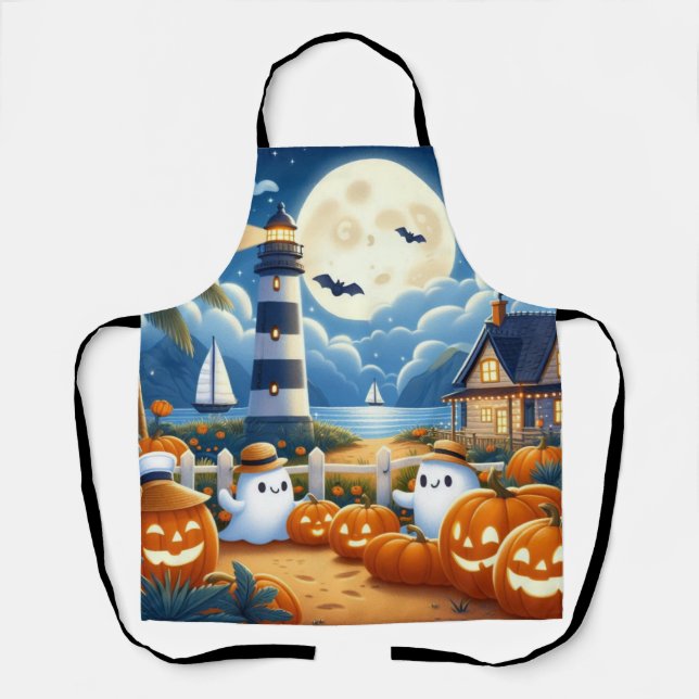 Cute, Nautical/coastal Halloween ghost/pumpkins Apron (Front)