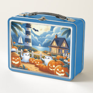 Cute, Nautical/coastal Halloween ghost/pumpkins Metal Lunch Box