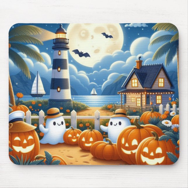 Cute, Nautical/coastal Halloween ghost/pumpkins Mouse Mat (Front)