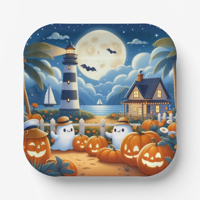 Cute, Nautical/coastal Halloween ghost/pumpkins Paper Plate (Front)