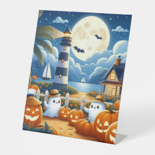 Cute, Nautical/coastal Halloween ghost/pumpkins Pedestal Sign