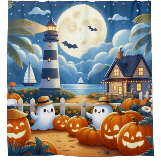 Cute, Nautical/coastal Halloween ghost/pumpkins Shower Curtain (Front)