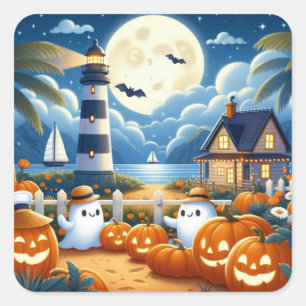Cute, Nautical/coastal Halloween ghost/pumpkins Square Sticker