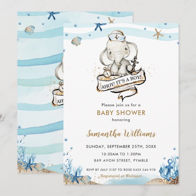 Cute Nautical Elephant Ahoy It's a Boy Baby Shower Invitation (Front/Back)