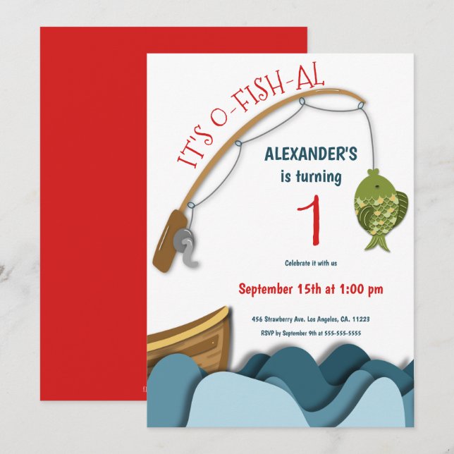 Cute Nautical Fish Boat First Birthday Invitation (Front/Back)