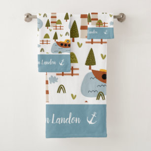 Cute Nautical Lighthouse and Boat Kid Pattern Bath Towel Set