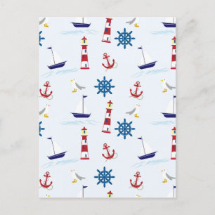 Cute Nautical Lighthouse Ship and Sea Gull Blue Postcard