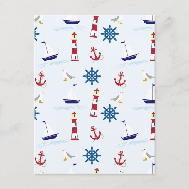 Cute Nautical Lighthouse Ship and Sea Gull Blue Postcard (Front)