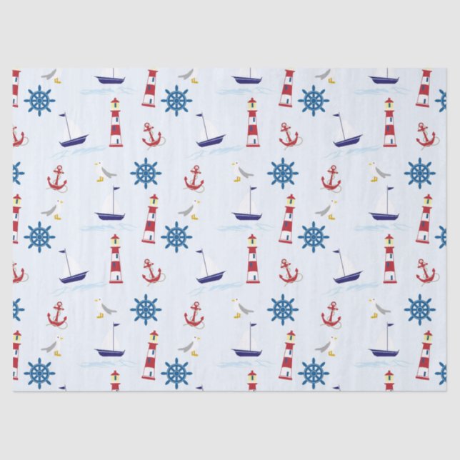 Cute Nautical Lighthouse Ship and Sea Gull Blue Tissue Paper (Front)