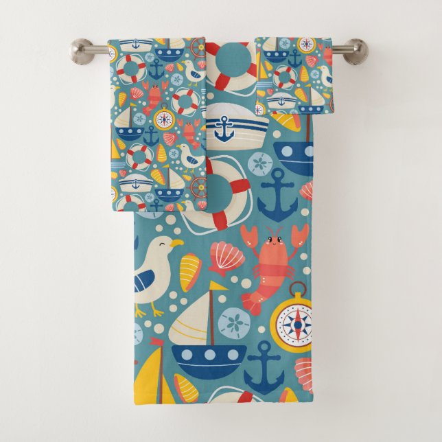 Cute Nautical Marine Sea Life Bath Towel Set (Insitu)