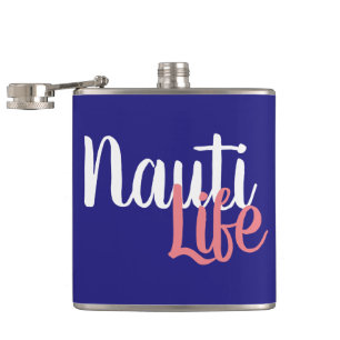 cute, nautical NAUTI LIFE script on navy blue Hip Flask