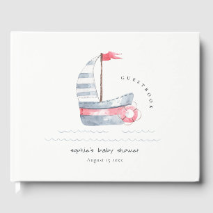 Cute Nautical Pastel Red Blue Sailboat Baby Shower Guest Book
