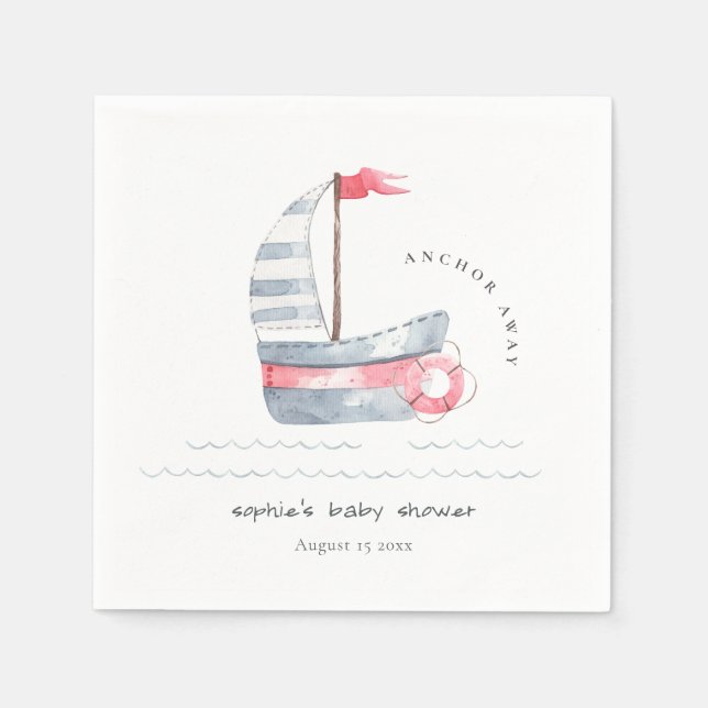 Cute Nautical Pastel Red Blue Sailboat Baby Shower Napkin (Front)