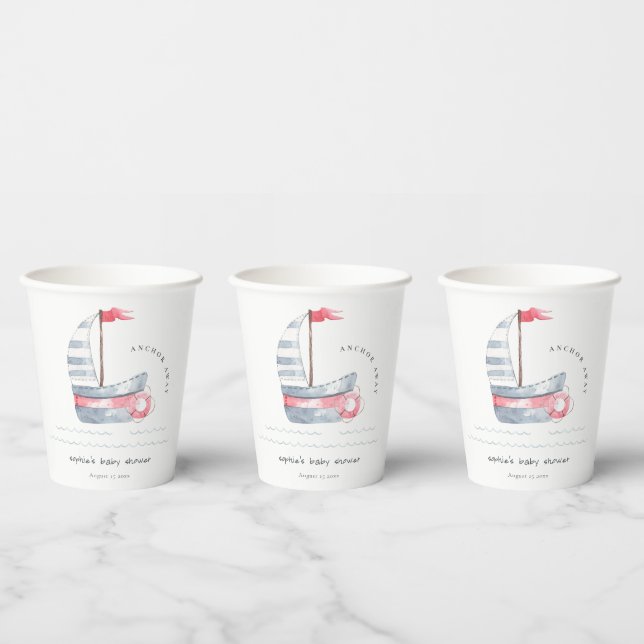 Cute Nautical Pastel Red Blue Sailboat Baby Shower Paper Cups (Multi)