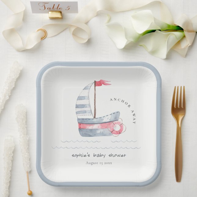 Cute Nautical Pastel Red Blue Sailboat Baby Shower Paper Plate (Wedding)