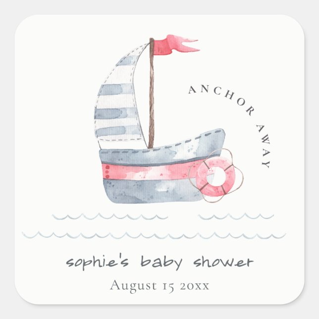 Cute Nautical Pastel Red Blue Sailboat Baby Shower Square Sticker (Front)