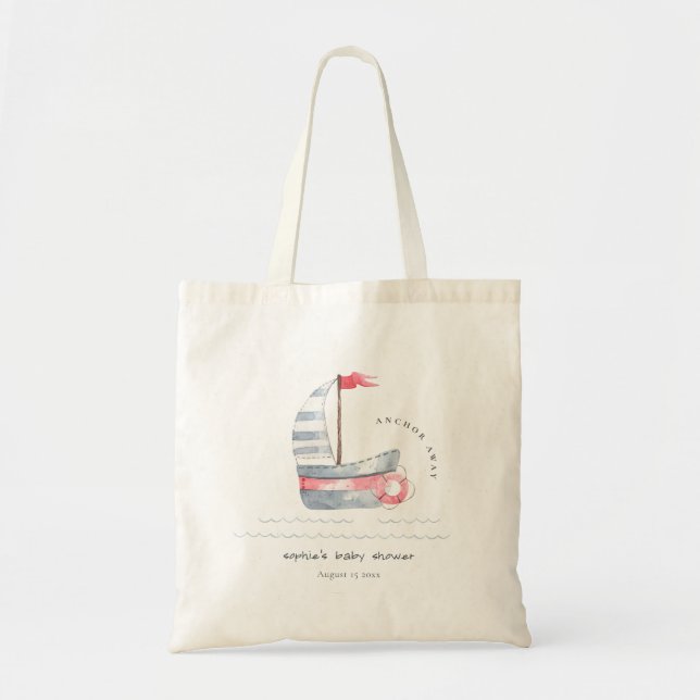 Cute Nautical Pastel Red Blue Sailboat Baby Shower Tote Bag (Front)