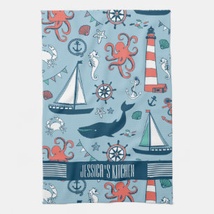 Cute Nautical Pattern Baby Blue Background Tea Towel