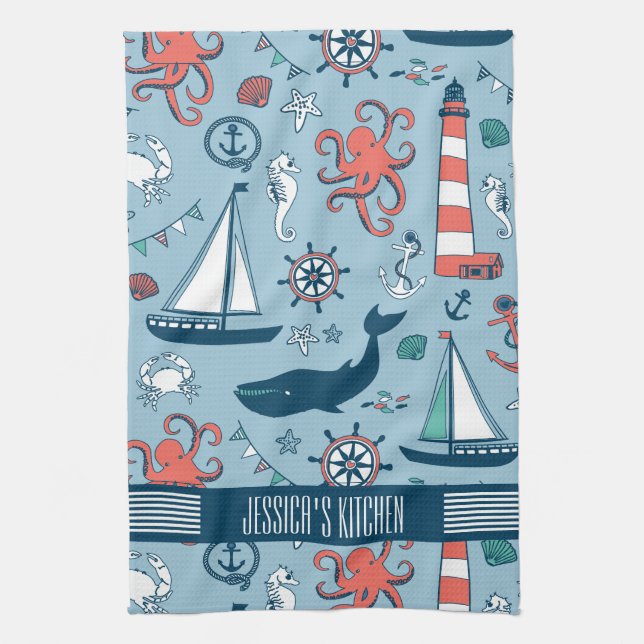 Cute Nautical Pattern Baby Blue Background Tea Towel (Vertical)