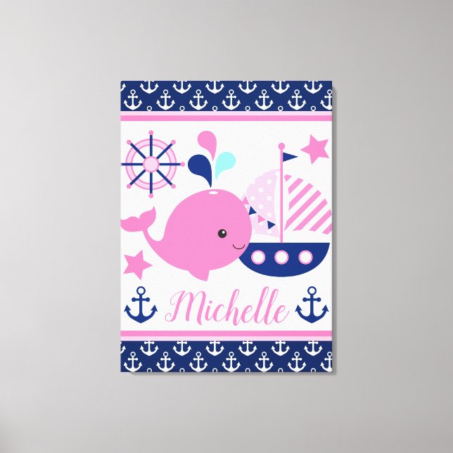 Cute Nautical Pink Whale and Anchors Pattern Canvas Print (Front)