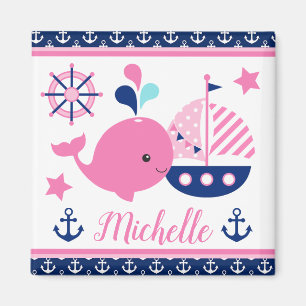 Cute Nautical Pink Whale and Anchors Pattern Magnet