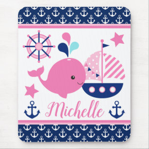 Cute Nautical Pink Whale and Anchors Pattern Mouse Mat